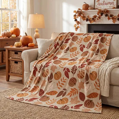 Cream Pumpkin Harvest Leaves Blanket for Cozy Fall Decor