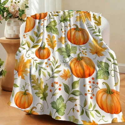 Watercolor Pumpkins on White Blanket: Cozy Fall Leaves Design