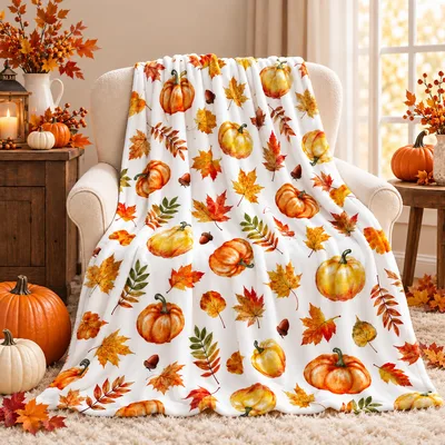 Harvest Pumpkins and Acorns Blanket: Watercolor Fall Leaves Design