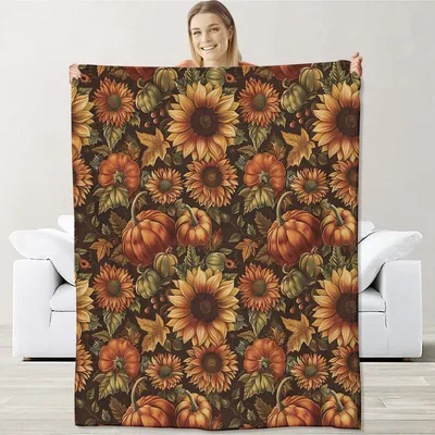 Sunflower Pumpkin Autumn Pattern Blanket: Harvest Floral Design