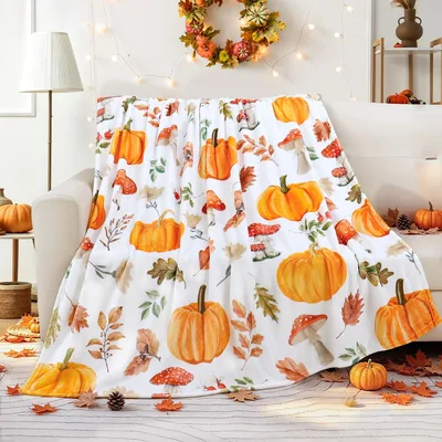 Fall Pumpkin Mushroom Blanket: Cozy Autumn Produce and Fungi Design