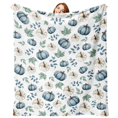 Blue and White Watercolor Blanket: Fall Pumpkin Pattern