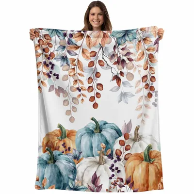Teal Pumpkins and Berry Blanket: Watercolor Fall Harvest Throw