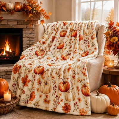 Cream Pumpkin Patch and Wildflower Sprigs Blanket