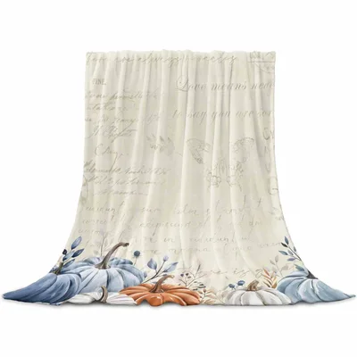 Blue Pumpkins Autumn Leaves Blanket Vintage Script Design