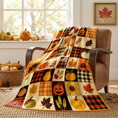 Fall Leaves and Pumpkins Patchwork Blanket for Autumn Cozy Vibes