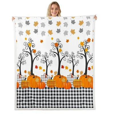 Fall Pumpkin Harvest Plaid Blanket: Swirled Trees and Gingham Pumpkins