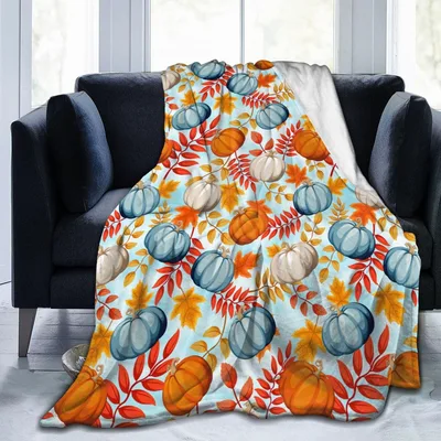 Fall Pumpkin and Leaves Blanket: Unique Blue and Orange Autumn Design