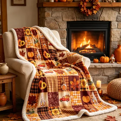 Fall Leaves Plaid Patchwork Blanket: Cozy Autumn Gnome Design
