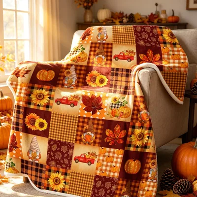 Fall Patchwork with Pumpkins and Cars Blanket featuring rustic gnomes