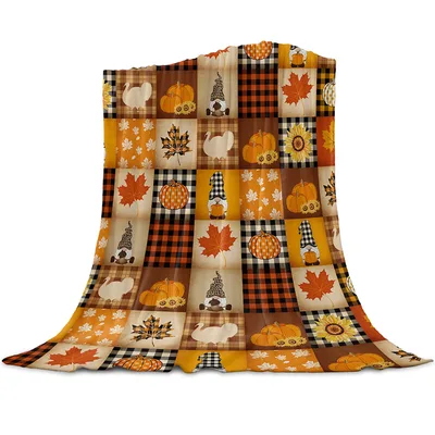 Thanksgiving Pumpkin Turkey Patchwork Blanket Fall Gnome Plaid Design