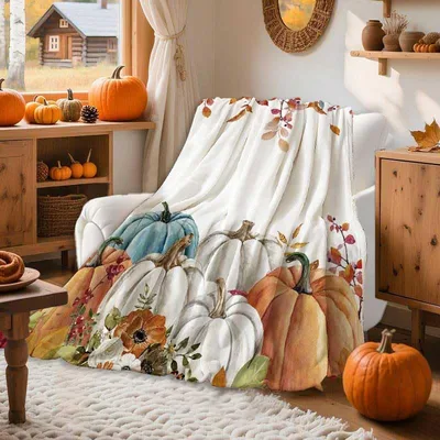 Fall Pumpkins Watercolor Maple Blanket: Harvest Gourd Art