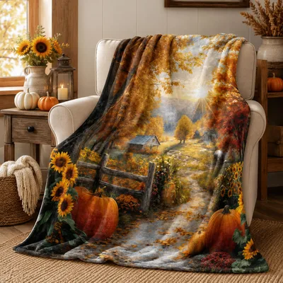 Autumn Country Road Pumpkins Blanket: Sunflower Farmhouse Path Design