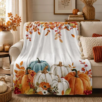 Watercolor Pumpkins Autumn Leaves Blanket: Soft Fall Harvest Design