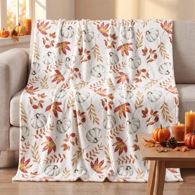 Autumn Pumpkin and Leaves Pattern Blanket for Fall Decor