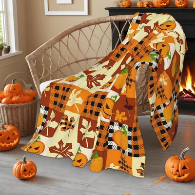 Pumpkin Maple Leaf Patchwork Blanket for Spooky Fall Decor