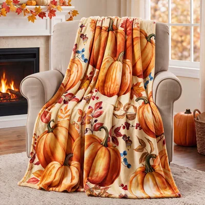 Pumpkins and Fall Leaves Blanket: Cozy Autumn Harvest Design