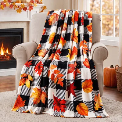 Autumn Leaves Plaid Blanket featuring a bold black