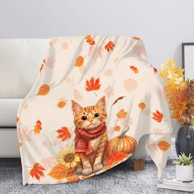 Cat with Autumn Leaves Blanket: Cozy Ginger Cat Design