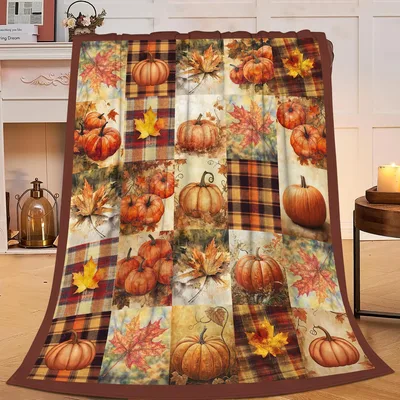 Autumn Pumpkins Plaid Blanket: Cozy Fall Patchwork Design