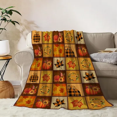 Fall Pumpkins Leaves Plaid Blanket