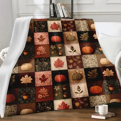 Autumn Pumpkin and Leaves Plaid Blanket for Cozy Fall Days