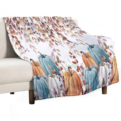 Blue Pumpkins Eucalyptus Leaves Blanket featuring watercolor gourds