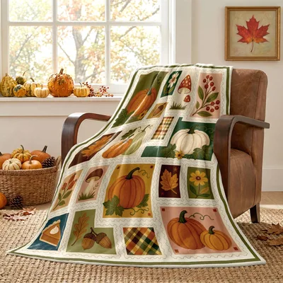 Fall Patchwork Pumpkin Mushroom Blanket: Cozy Autumn Quilt Design