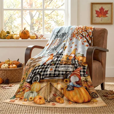 Fall Gnome Pumpkins Plaid Blanket: Harvest Truck Design
