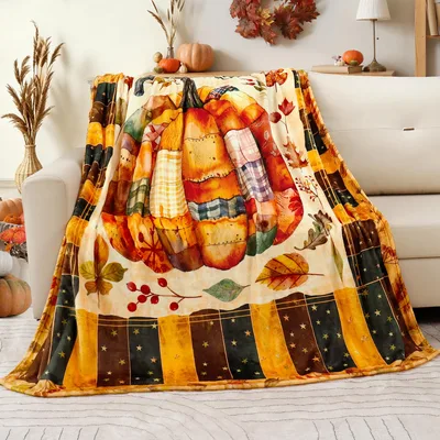 Fall Pumpkin Plaid Pattern Blanket: Patchwork Harvest Design
