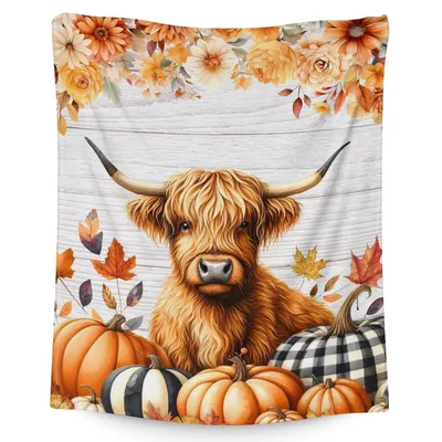 Highland Cow Fall Pumpkins Blanket: Fluffy Autumn Cow Art