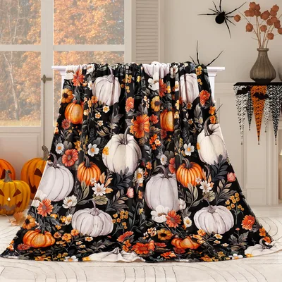Autumn Pumpkin Floral Pattern Blanket: Cozy Fall Harvest Throw Design
