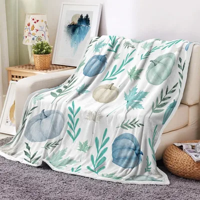 Pumpkins and Leaves Pattern Blanket: Cool Blue Autumn Harvest Design