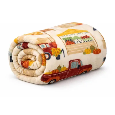 Farmers Market Truck Blanket: Vintage Pickup with Pumpkins and Produce