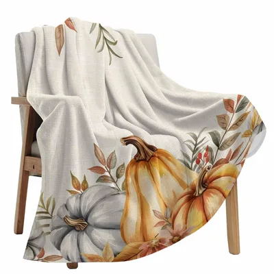 White Pumpkins and Leaves Blanket: Watercolor Fall Harvest Design