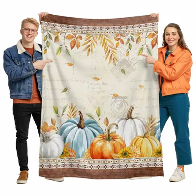 Harvest Pumpkins Autumn Leaves Blanket: Cozy Fall Gourd Design