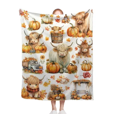 Highland Cow Pumpkins Pattern Blanket featuring fluffy cattle