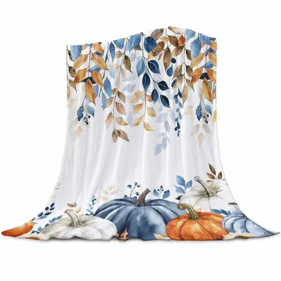 Blue Pumpkins and Eucalyptus Blanket featuring watercolor blue