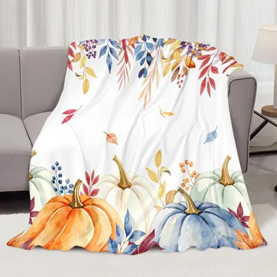 Fall Maple Leaves and Pumpkins Blanket: Watercolor Fall Harvest Design
