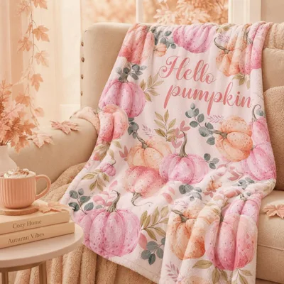 Hello Pumpkin Fall Pattern Blanket: Pink Watercolor Autumn Design