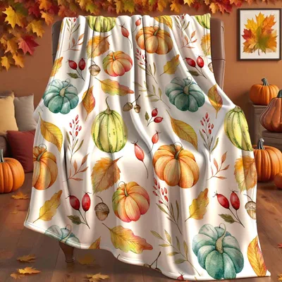 Pumpkins and Autumn Leaves Blanket: Watercolor Harvest Design for Fall