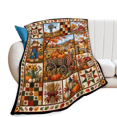 Fall Harvest Patchwork Scene Blanket: Rustic Autumn Quilt Design