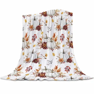White Pumpkin and Leaves Blanket: Fall Harvest Floral Throw Design