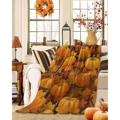 Orange Pumpkins Thanksgiving Pattern Blanket for Fall Coziness