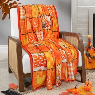Fall Pumpkin Plaid Patchwork Blanket: Cozy Autumn Gnome Design