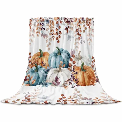 Orange Blue Pumpkins Autumn Blanket featuring watercolor blue