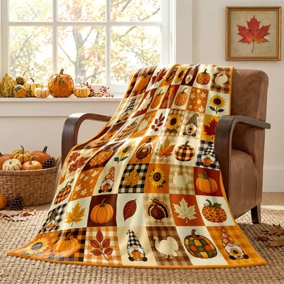 Fall Pumpkin Leaves Patchwork Blanket features festive
