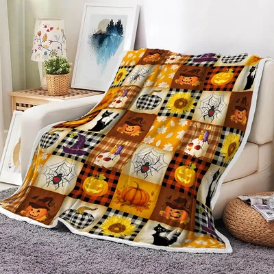 Autumn Pumpkin Patchwork Squares Blanket: Spooky Fall Plaid Design