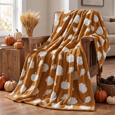 Caramel Pumpkin Leaves Pattern Blanket featuring white pumpkins
