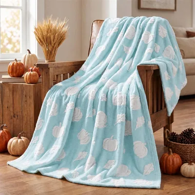 Blue Pumpkin Leaves Pattern Blanket: Soft Fall Decor for Your Couch